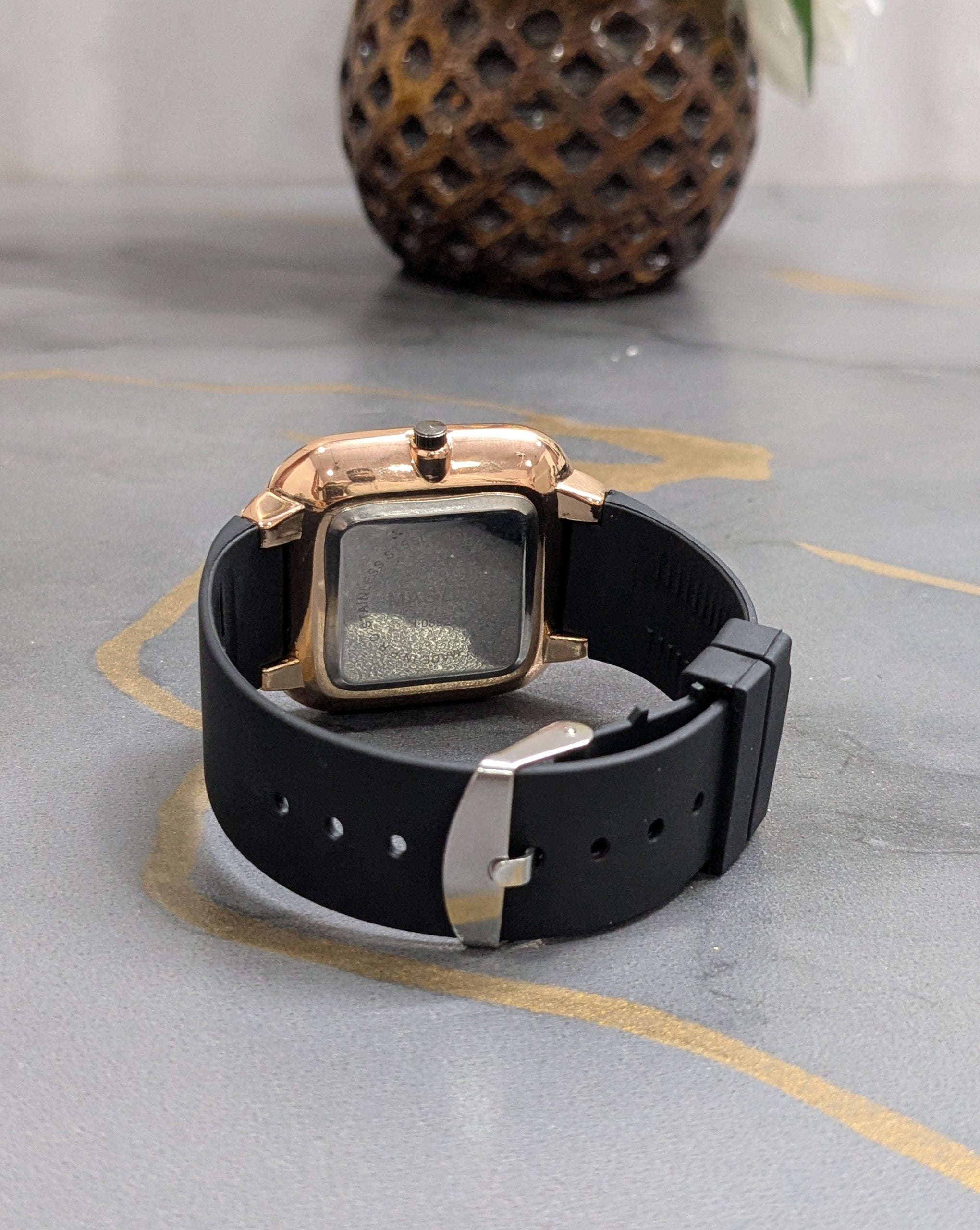 MASTER Square Golden Dial Slim Steel Built Black Watch