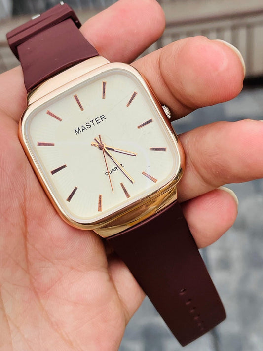 MASTER Square Golden Dial Slim Steel Built Maroon Watch